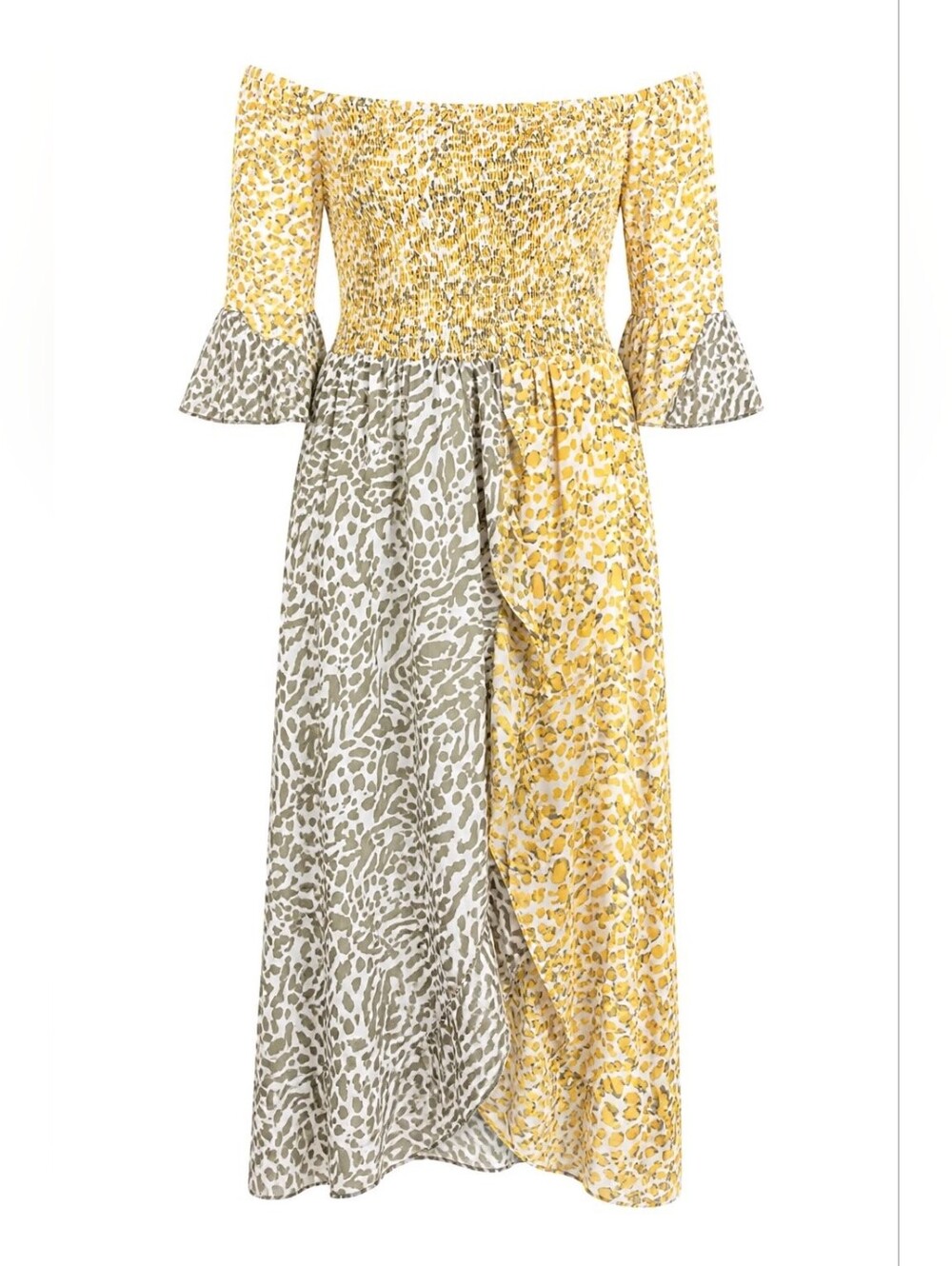 Cato Mixed Leopard Print Off-Shoulder Smocked Midi Dress 18/20W 1037